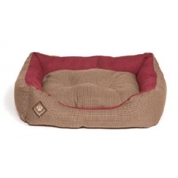 Medium Brown & Red Snuggle Dog Bed - Danish Design Heritage Houndstooth 61cm - 23"